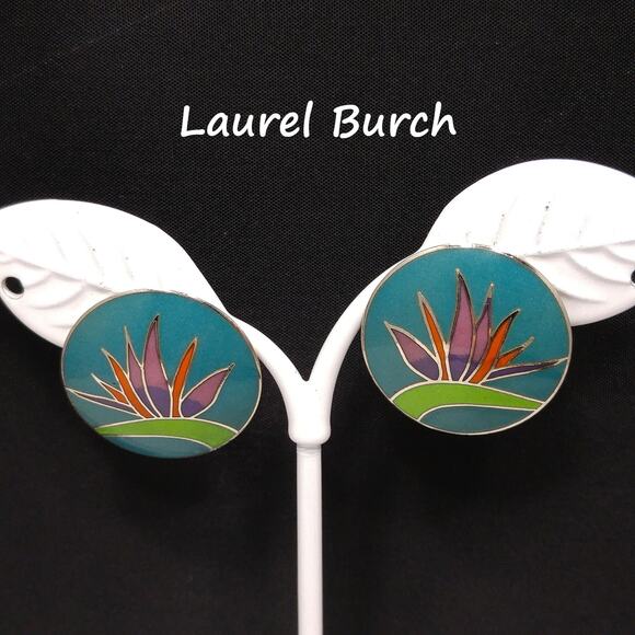 Vintage Laurel Burch Bird of Paradise Post Earrings, Silver Tone Cloisonné - Picture 1 of 10